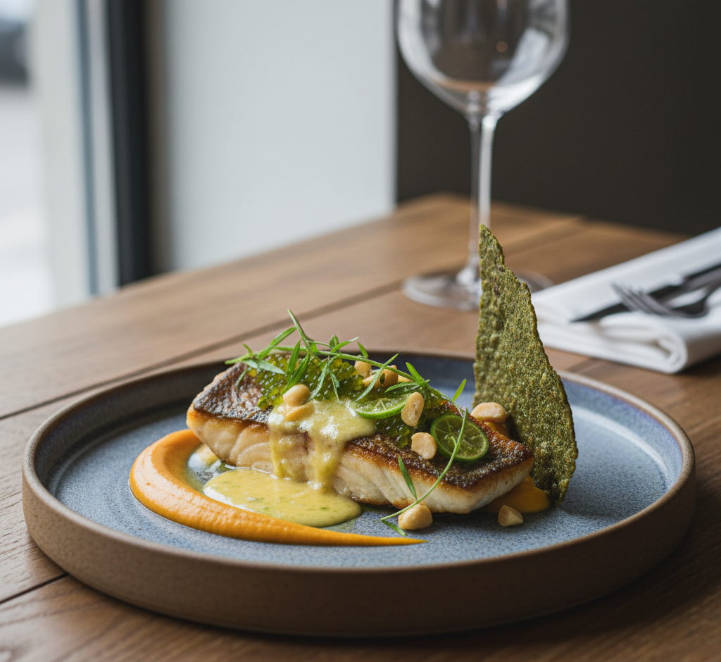 Exquisitely plated Barramundi fillet with lemon myrtle butter, a modern Australian cuisine dish