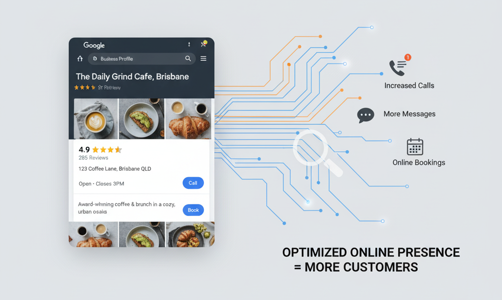 Optimized Google Business Profile listing for an Australian cafe with high-quality photos and reviews