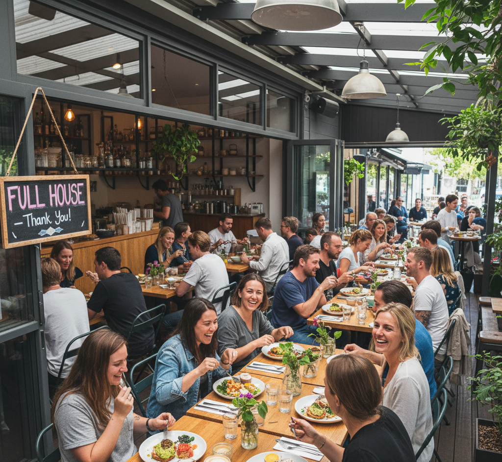 A bustling and successful Australian restaurant filled with happy customers, signifying business growth